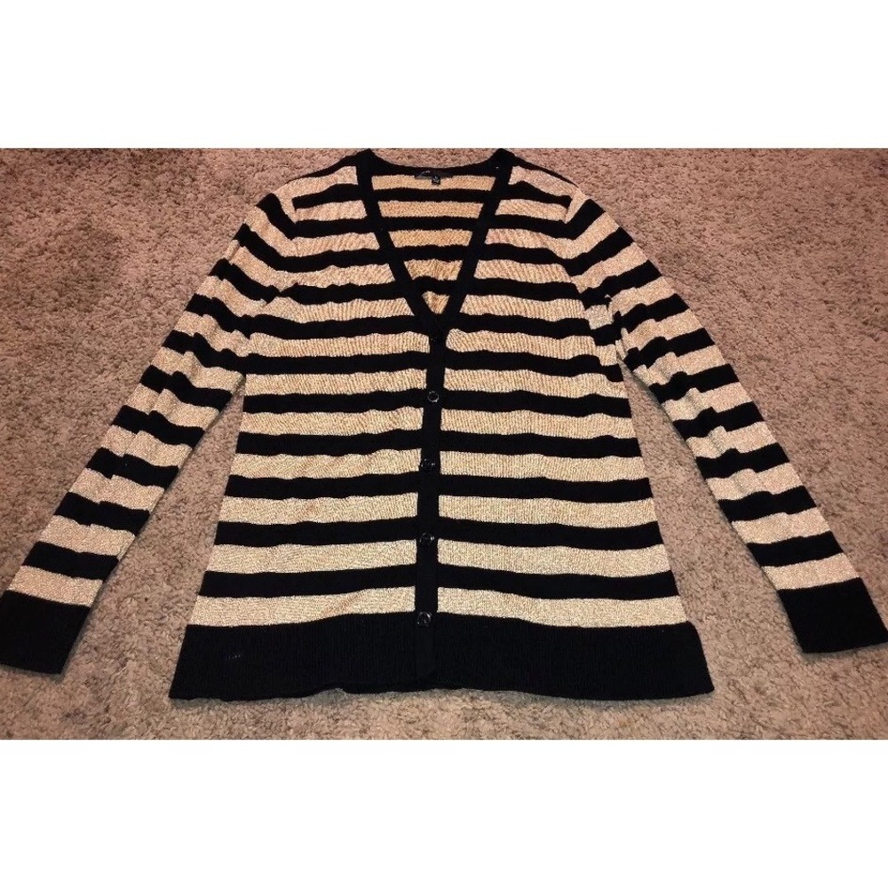 CHAUS Cardigan Button Sweater sz Medium Cotton Blend Stripe Black Gold Womens‎